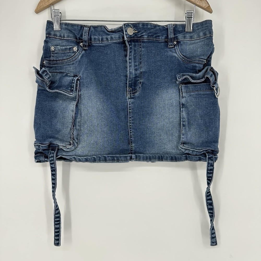 Mini Blue Jean Skirt Y2K Grunge Distressed Faded Cargo Utilitarian Streetwear XL
